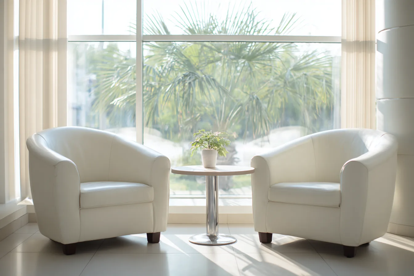 Two white armchairs and a small round table before a tall window onto palms