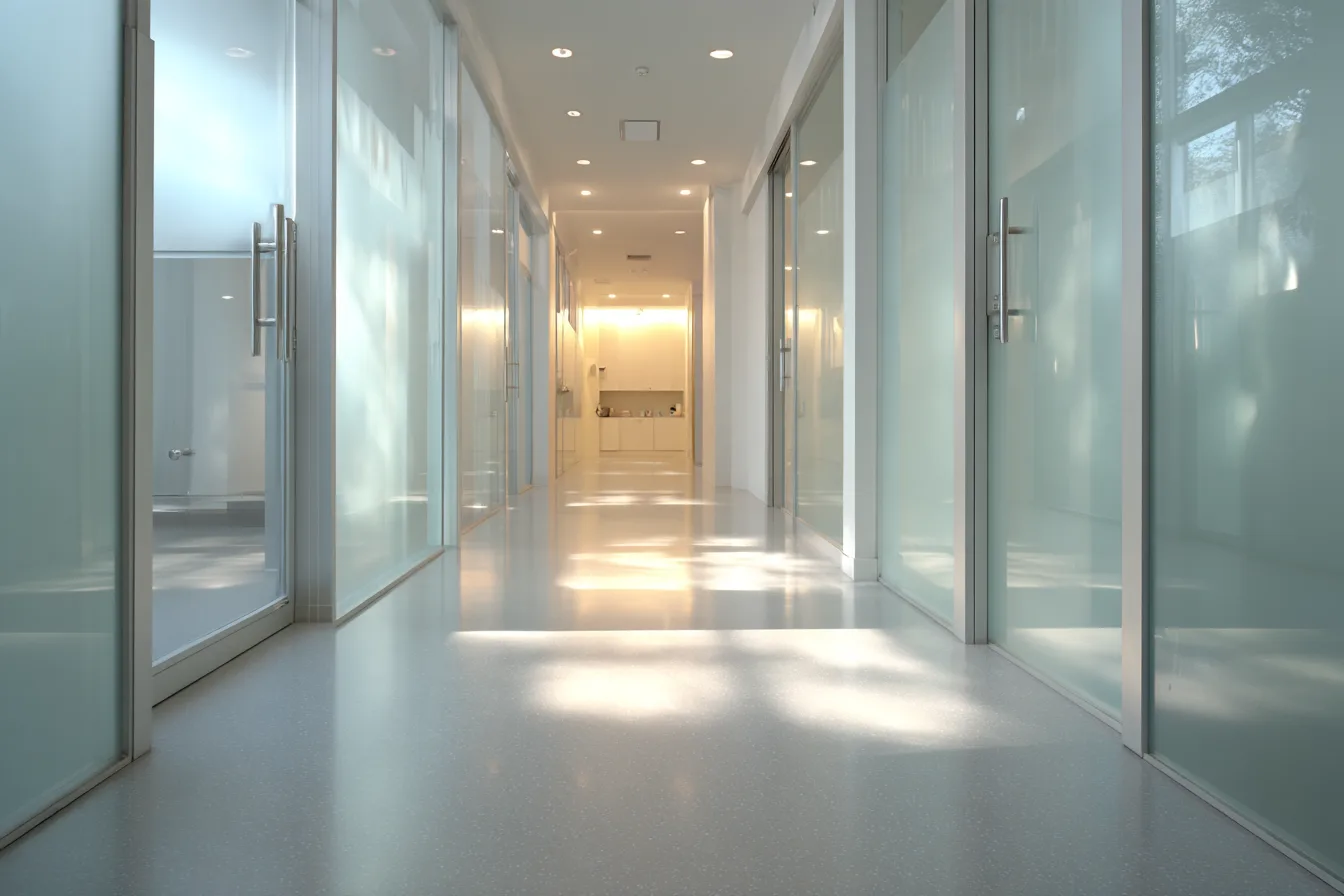 A quiet, bright surgical center corridor with frosted glass doors and soft daylight