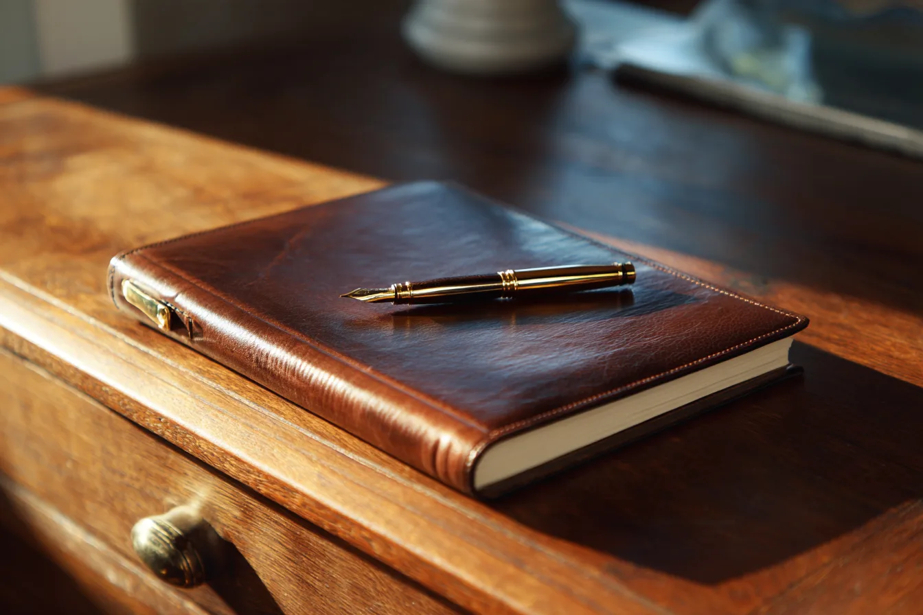 A leather journal and a fountain pen on a walnut desk in warm window light