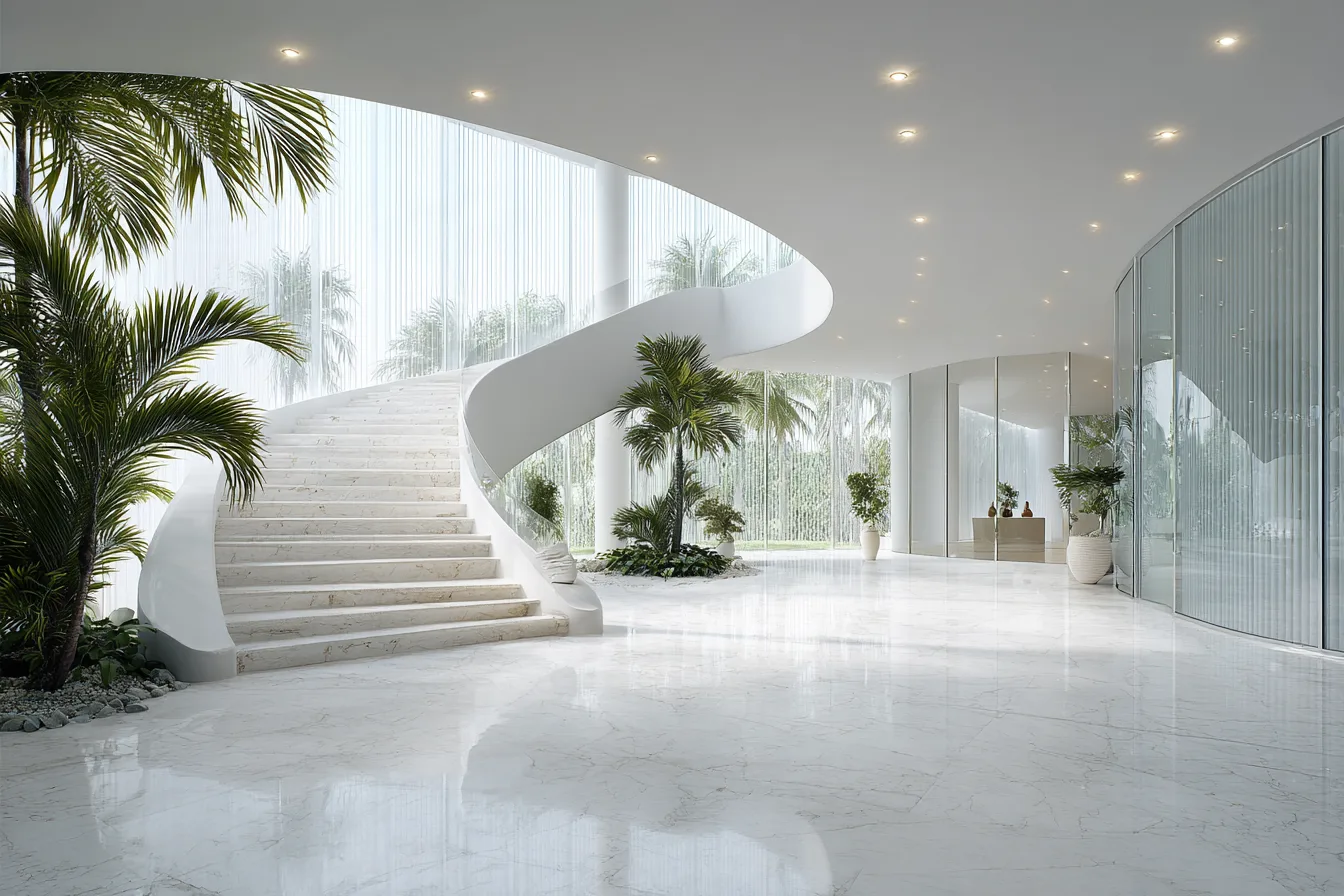 A calm private practice lobby with white stone floors, a sweeping staircase and palms through tall glass