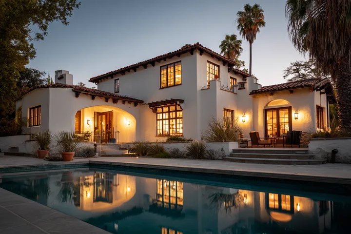 A white Spanish-style home with a tile roof and a pool at dusk, its windows warmly lit