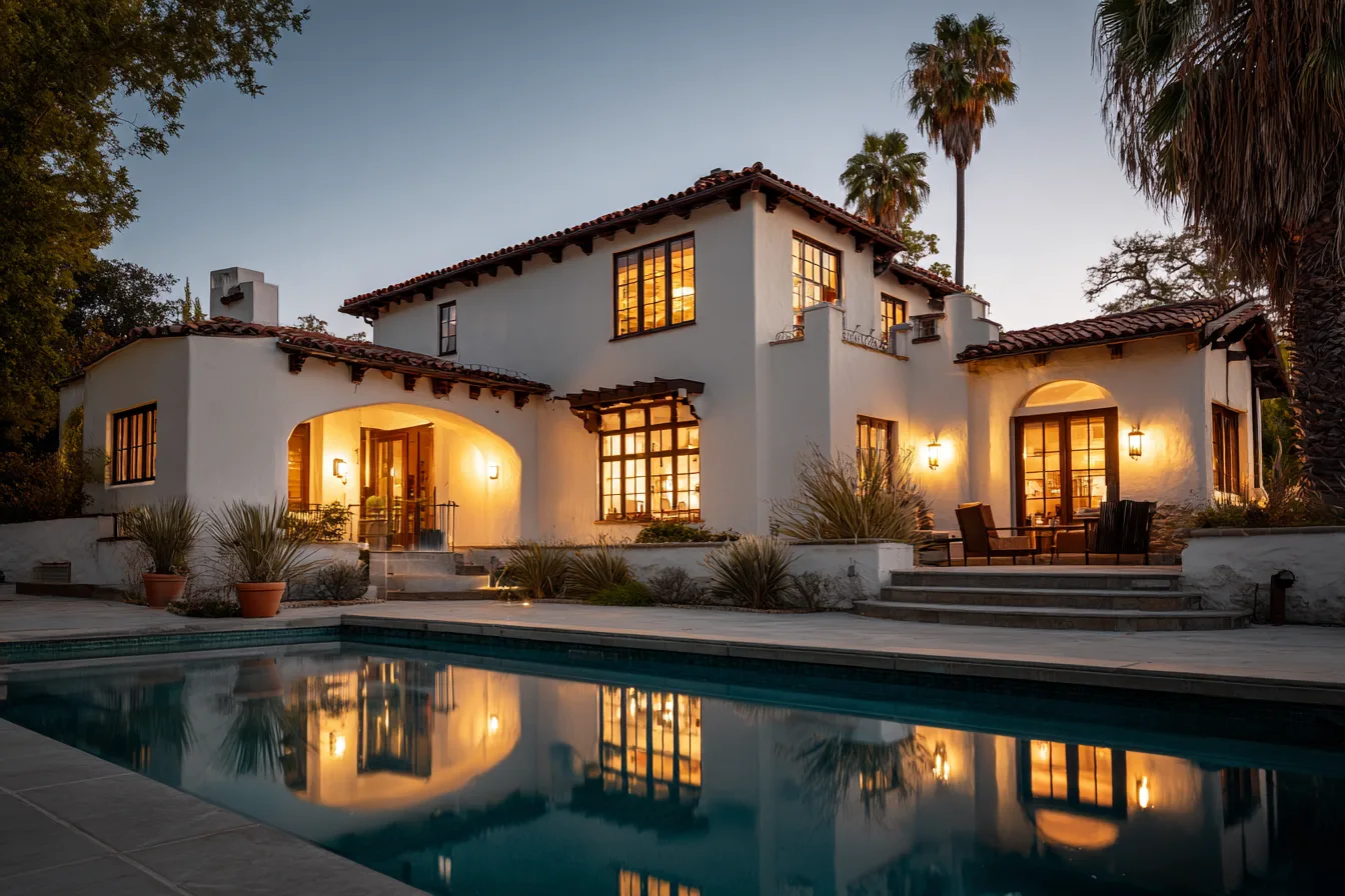 A white Spanish-style home with a tile roof and a pool at dusk, its windows warmly lit