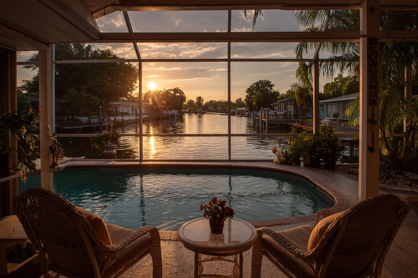 Two wicker chairs by a pool in a screened lanai looking out over a canal at sunset