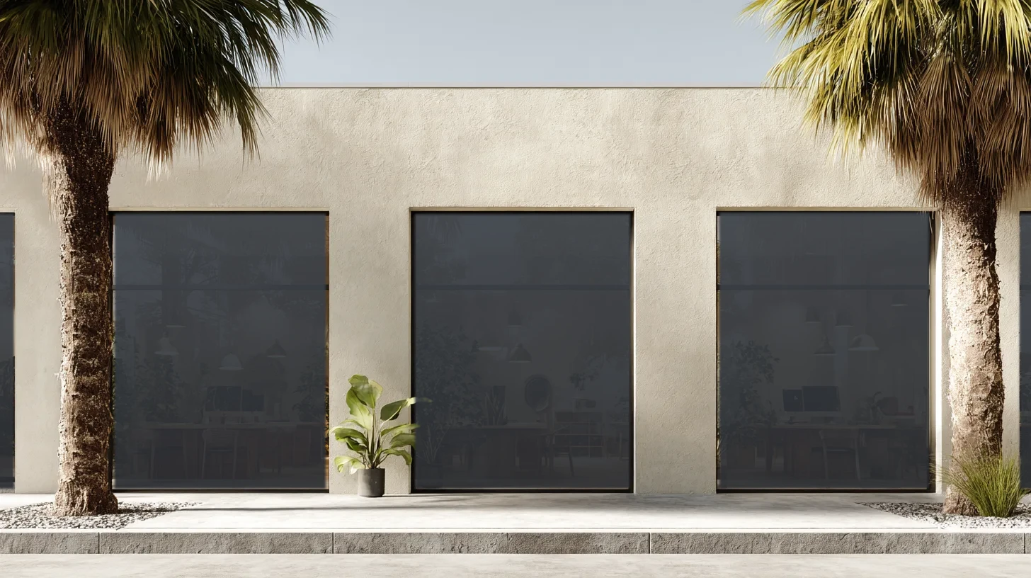 A street-front office of cream stucco with tall dark glass windows under palms