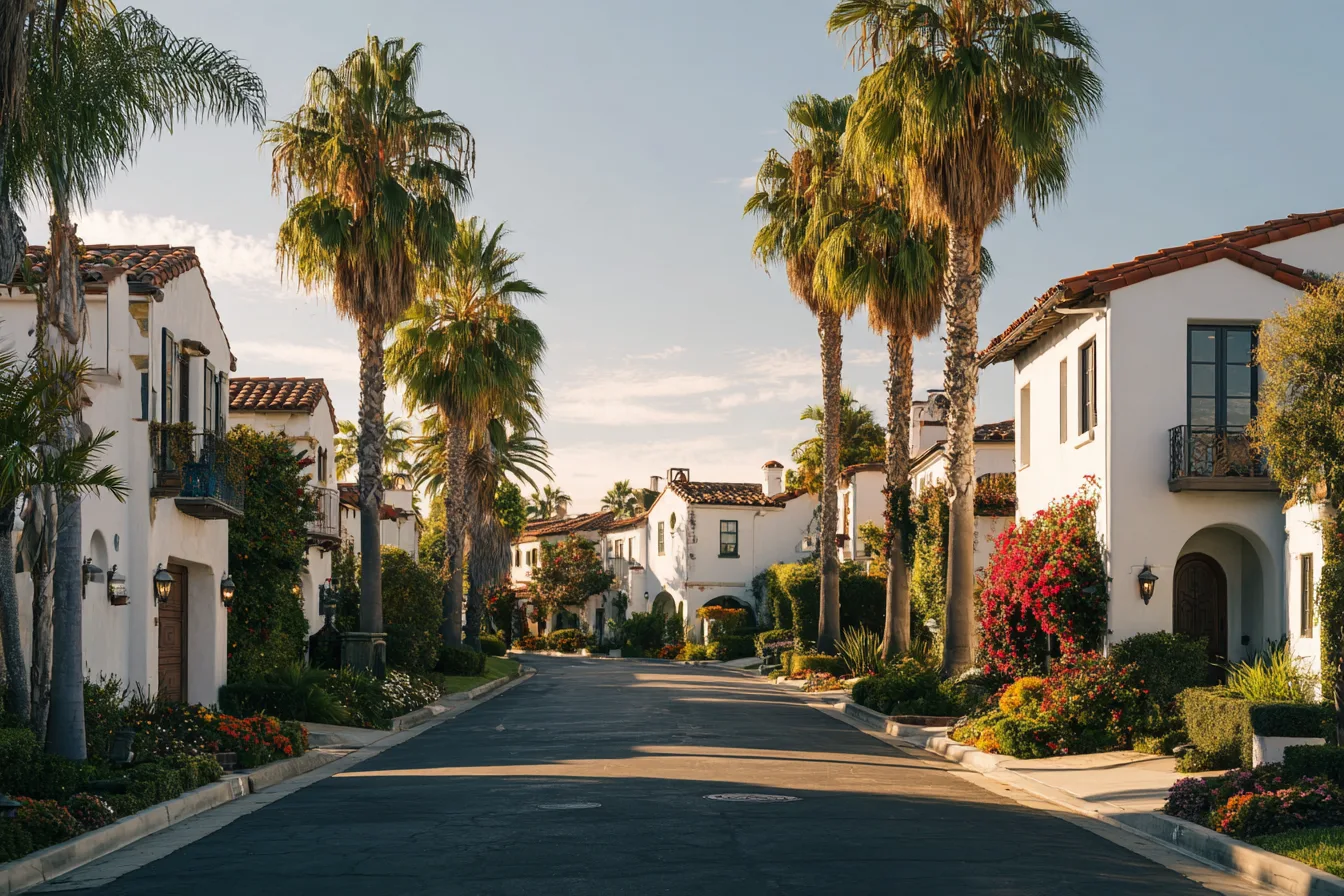 A quiet palm-lined residential street of white and cream homes with tile roofs in morning light