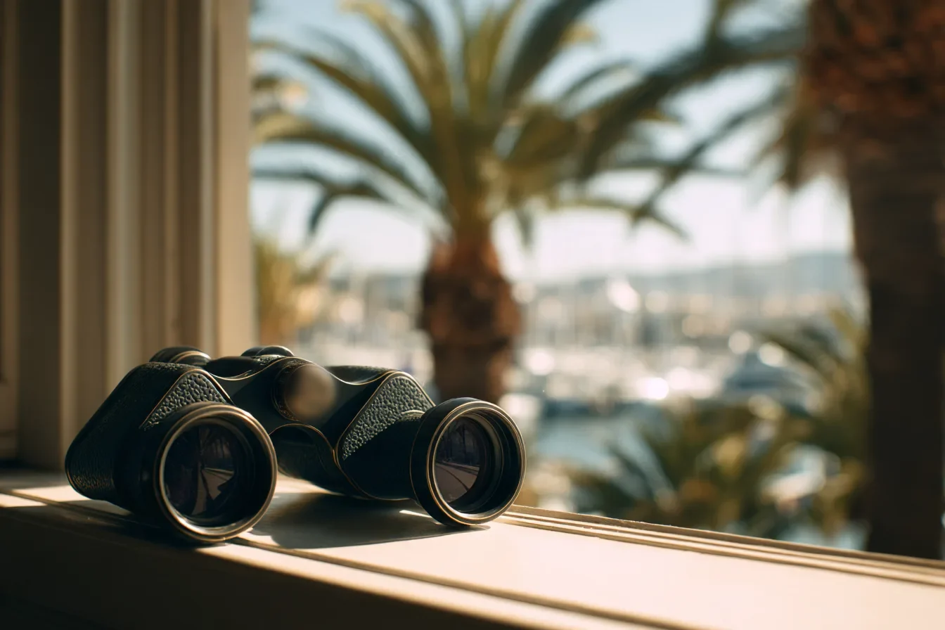 A pair of binoculars on a windowsill overlooking palms and a harbor