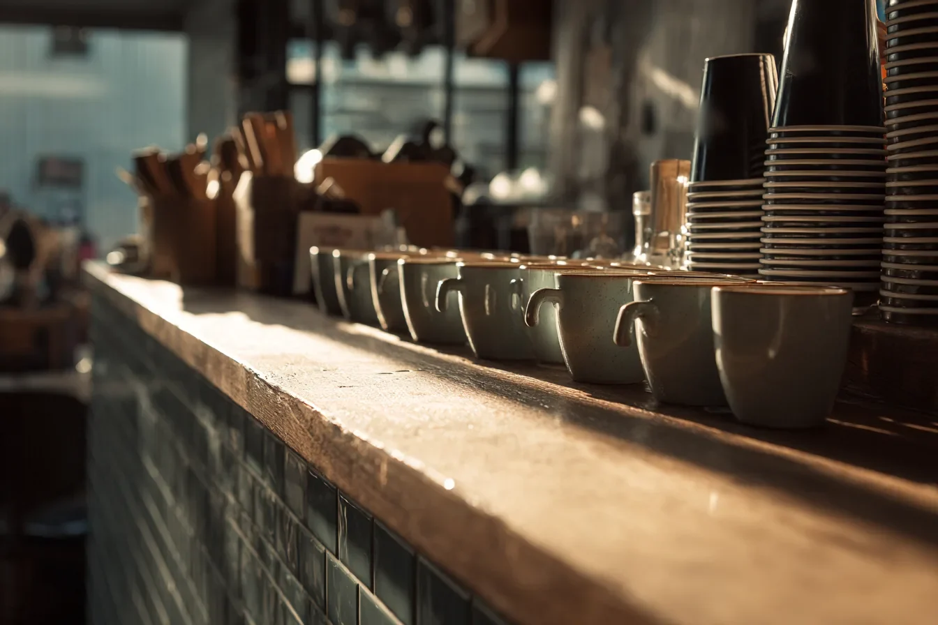A small cafe counter in morning light with cups lined up, no one in frame