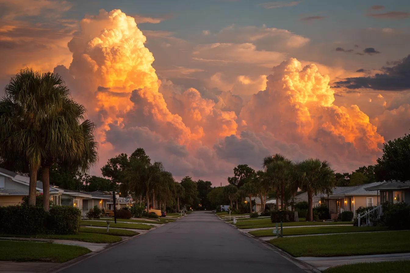 Storm clouds parting over a quiet Florida street at sunset