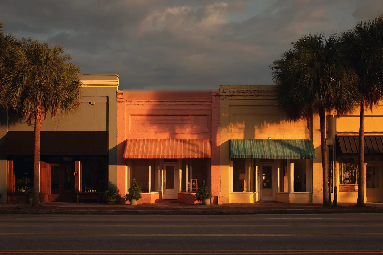 A row of small storefronts on a Florida main street at dusk, warm light in the windows, signboards blank