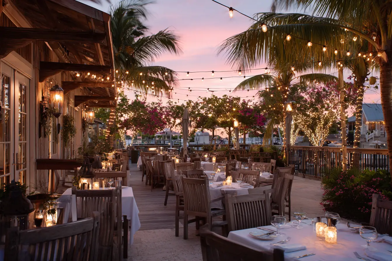 A softly lit restaurant terrace at dusk, set tables with candles under string lights and palms