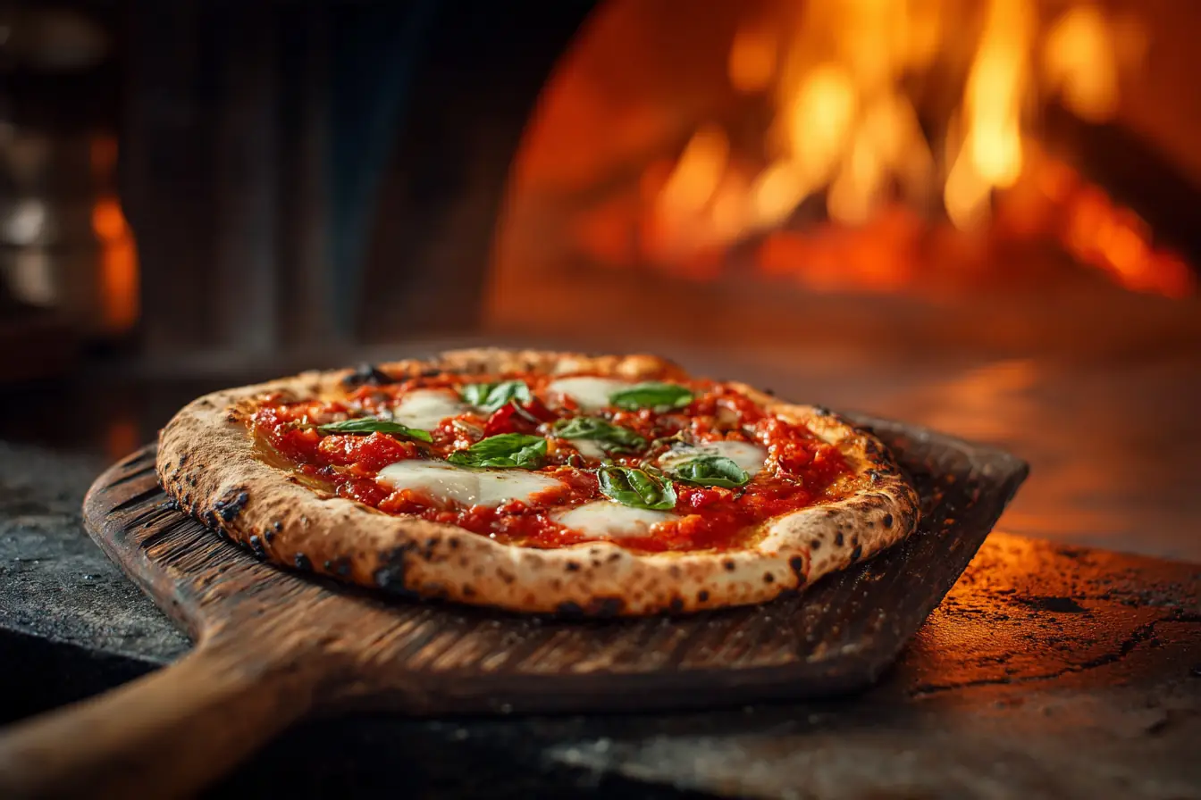 A wood-fired margherita pizza on a wooden peel, the oven glowing behind it