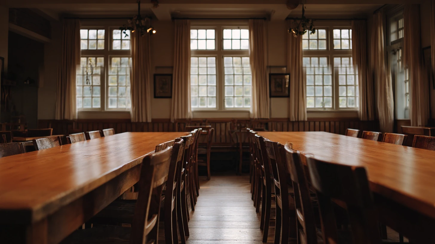A restaurant dining room seen straight-on in the afternoon, wooden tables bare, chairs pushed in