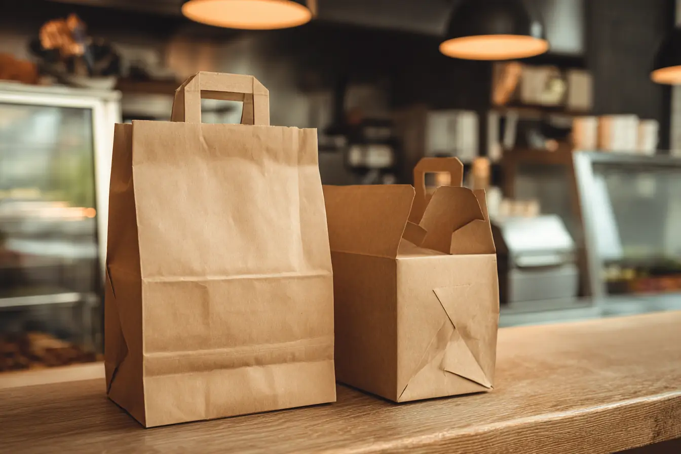 A plain brown paper takeout bag and boxed food on a wooden counter by a kitchen pass