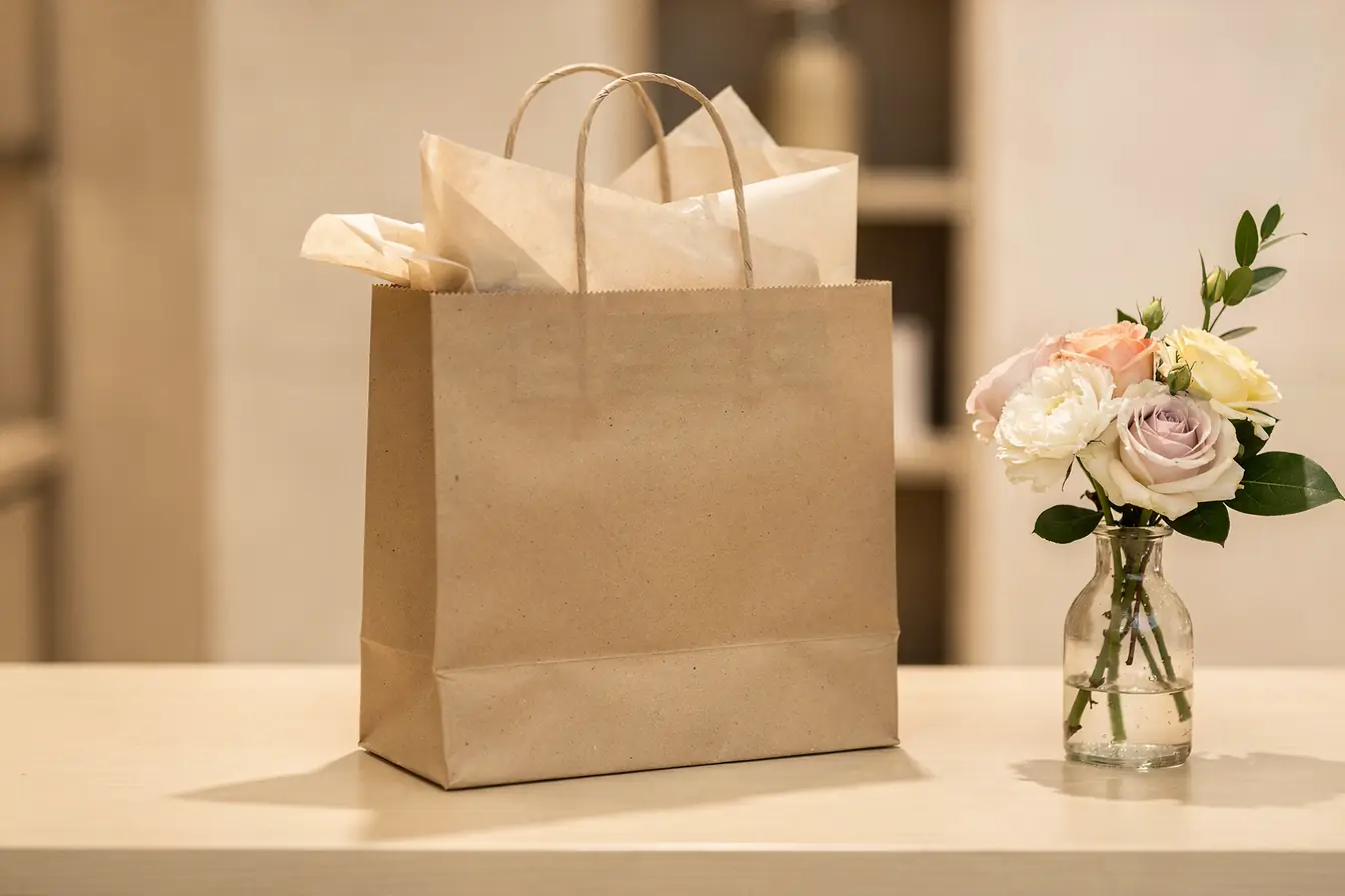 A tidy checkout counter with a paper gift bag, tissue paper and a small vase of flowers