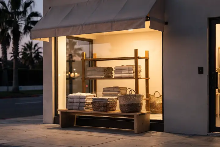 A boutique shop window at dusk on a palm-lined sidewalk, warm light on folded linens and woven baskets