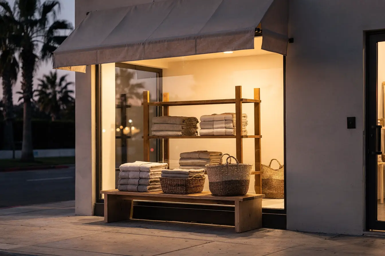 A boutique shop window at dusk on a palm-lined sidewalk, warm light on folded linens and woven baskets