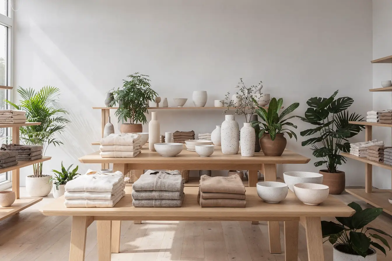 A bright boutique interior with wooden display tables of folded clothing, ceramics and plants