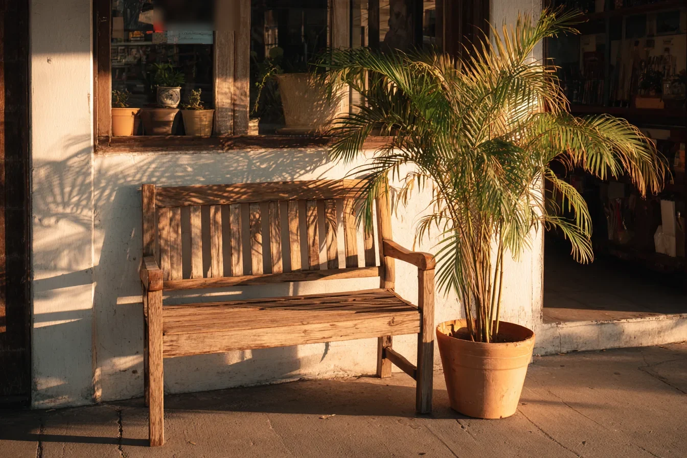 A wooden bench outside a small shop with a potted palm in late afternoon light