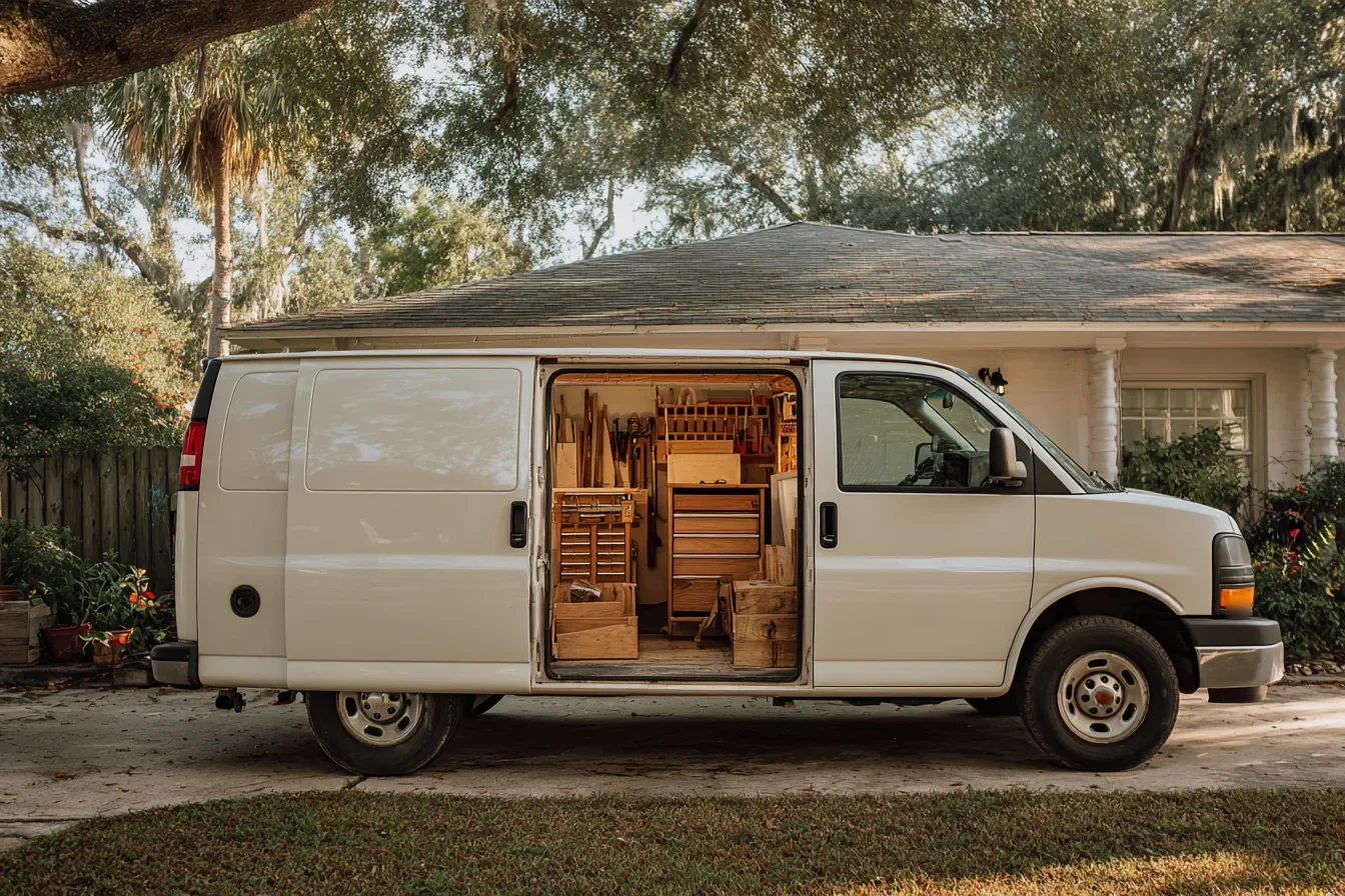 An unmarked service van with its side door open in the driveway of a Florida home, tools packed, afternoon light