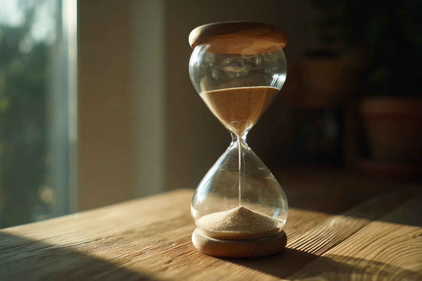 An hourglass on a wooden desk in soft window light