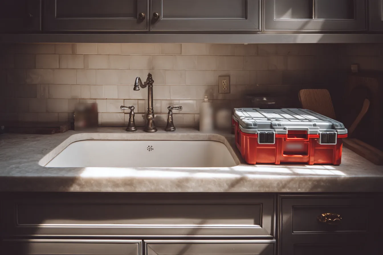 A clean kitchen sink just repaired, a closed toolbox on the counter beside it