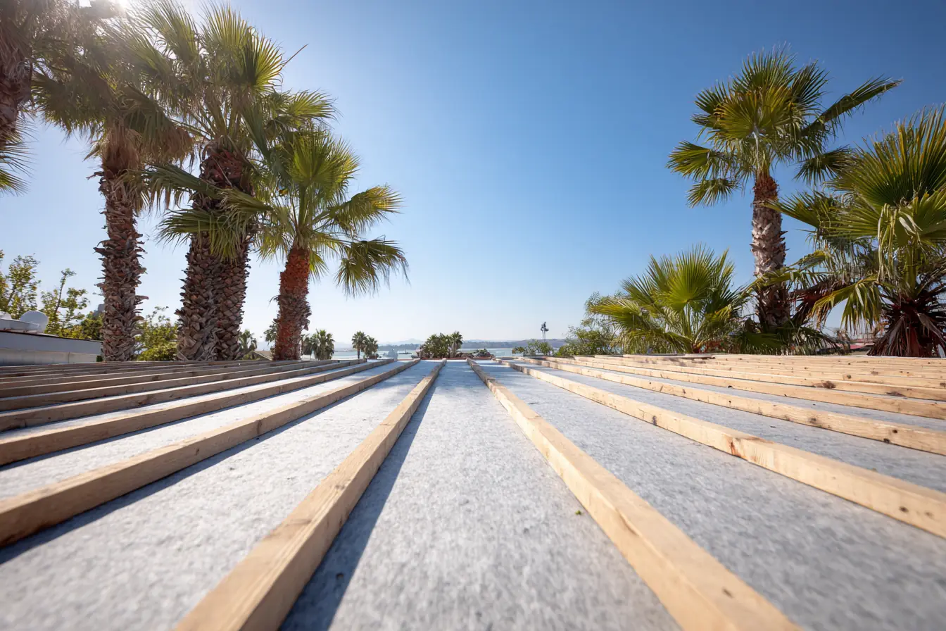A roof deck covered in fresh underlayment with rows of tile battens, palms and a blue sky behind