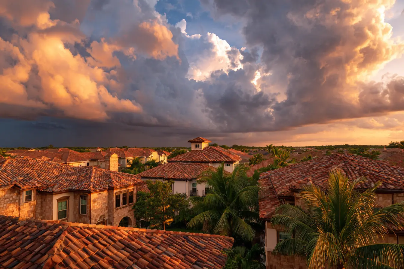 Clay barrel tile roofs of Southwest Florida homes under a clearing storm sky at golden hour, palms between them