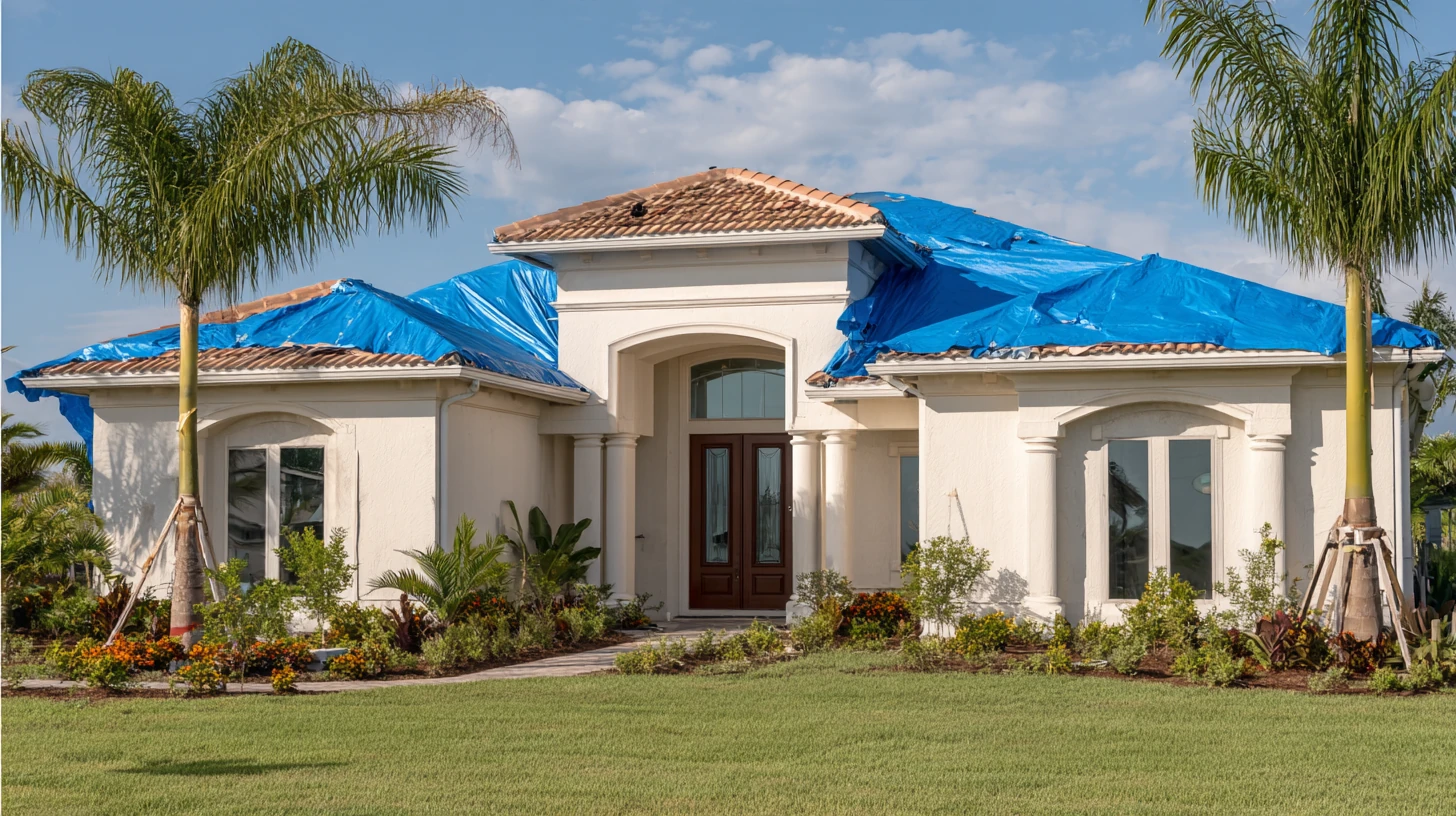 A Southwest Florida home seen straight-on, its tile roof patched with blue tarps after a storm, palms beside it