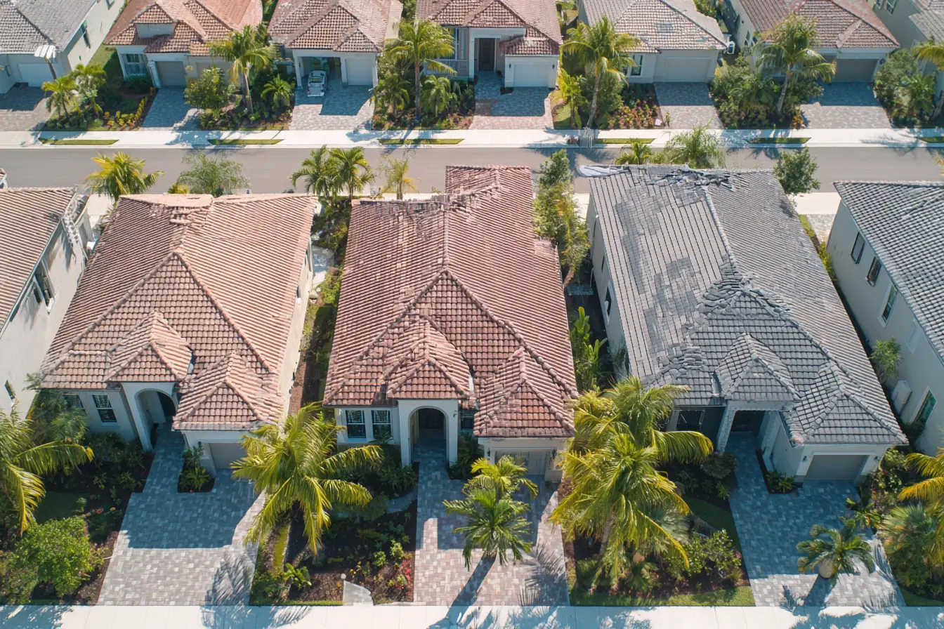 A Southwest Florida street of tile and shingle roofs seen from above at midday, palms and paver driveways between them