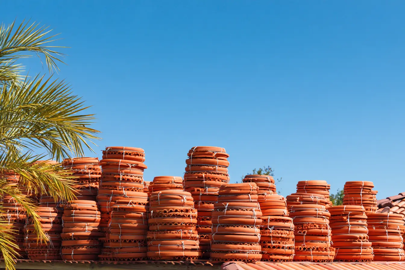 Stacks of new terracotta roof tiles loaded in rows on a roof deck, ready for installation, under a blue sky