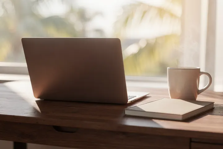 A tidy wooden desk with a closed laptop, a notebook and a coffee mug in morning light, palms outside