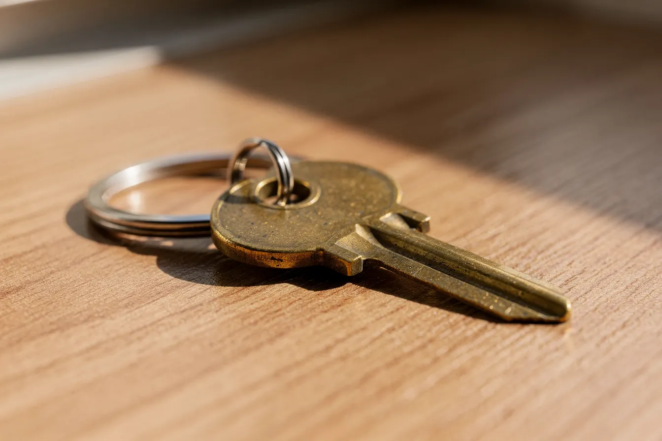 A single brass key on a ring resting on a sunlit wooden desk