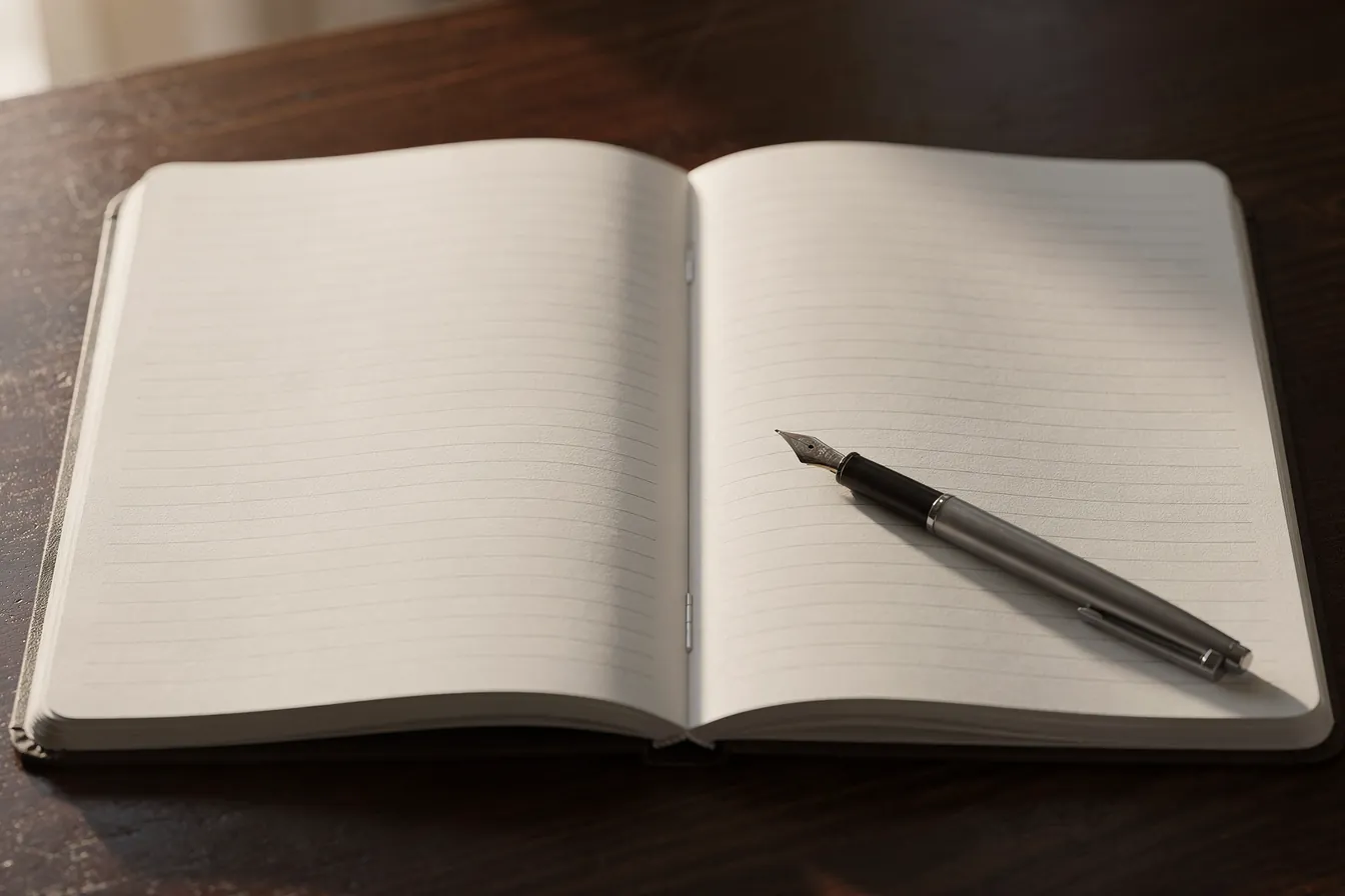An open ledger book with blank ruled pages and a fountain pen on a dark wooden desk