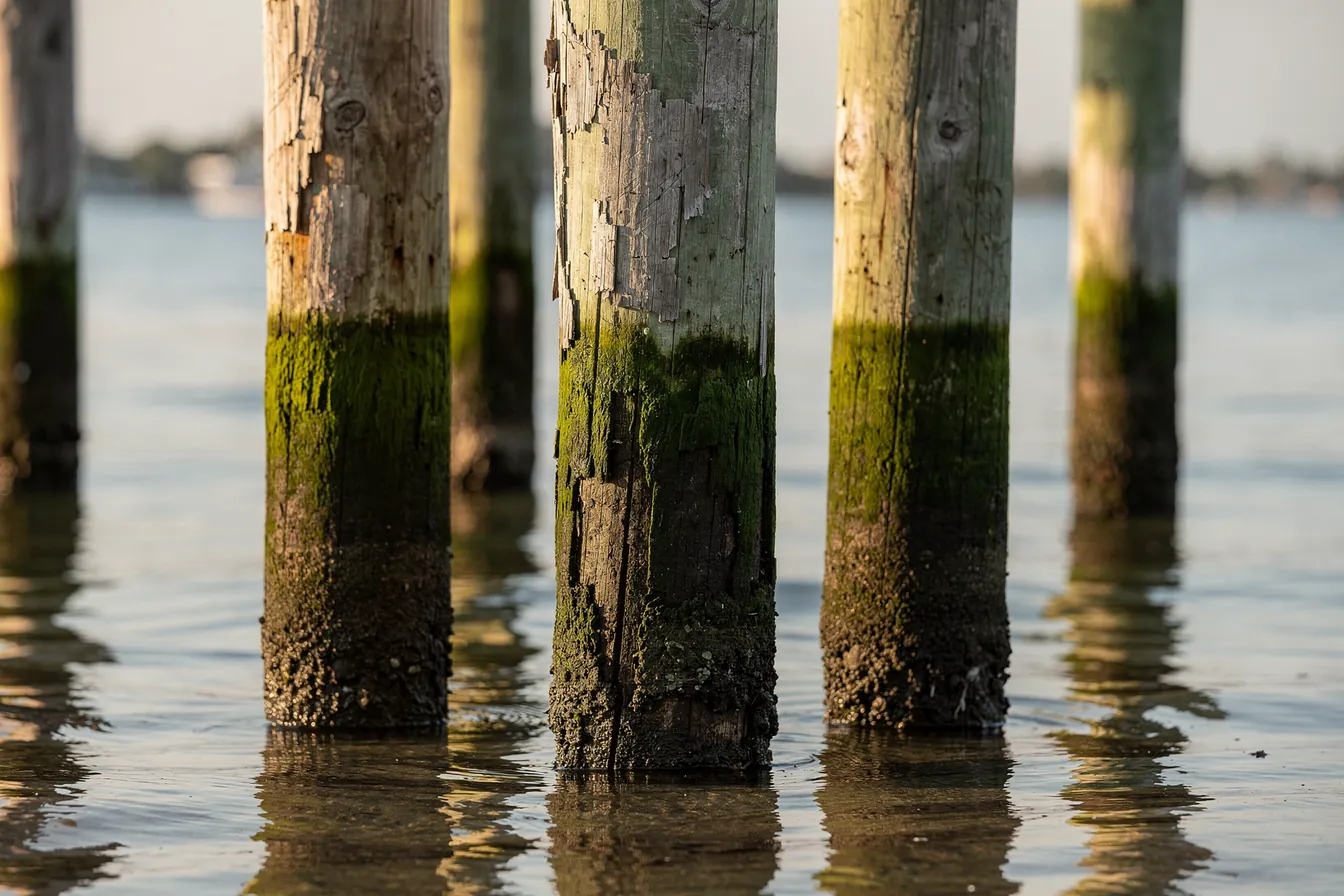 Weathered dock pilings with tide lines marked in green at low water