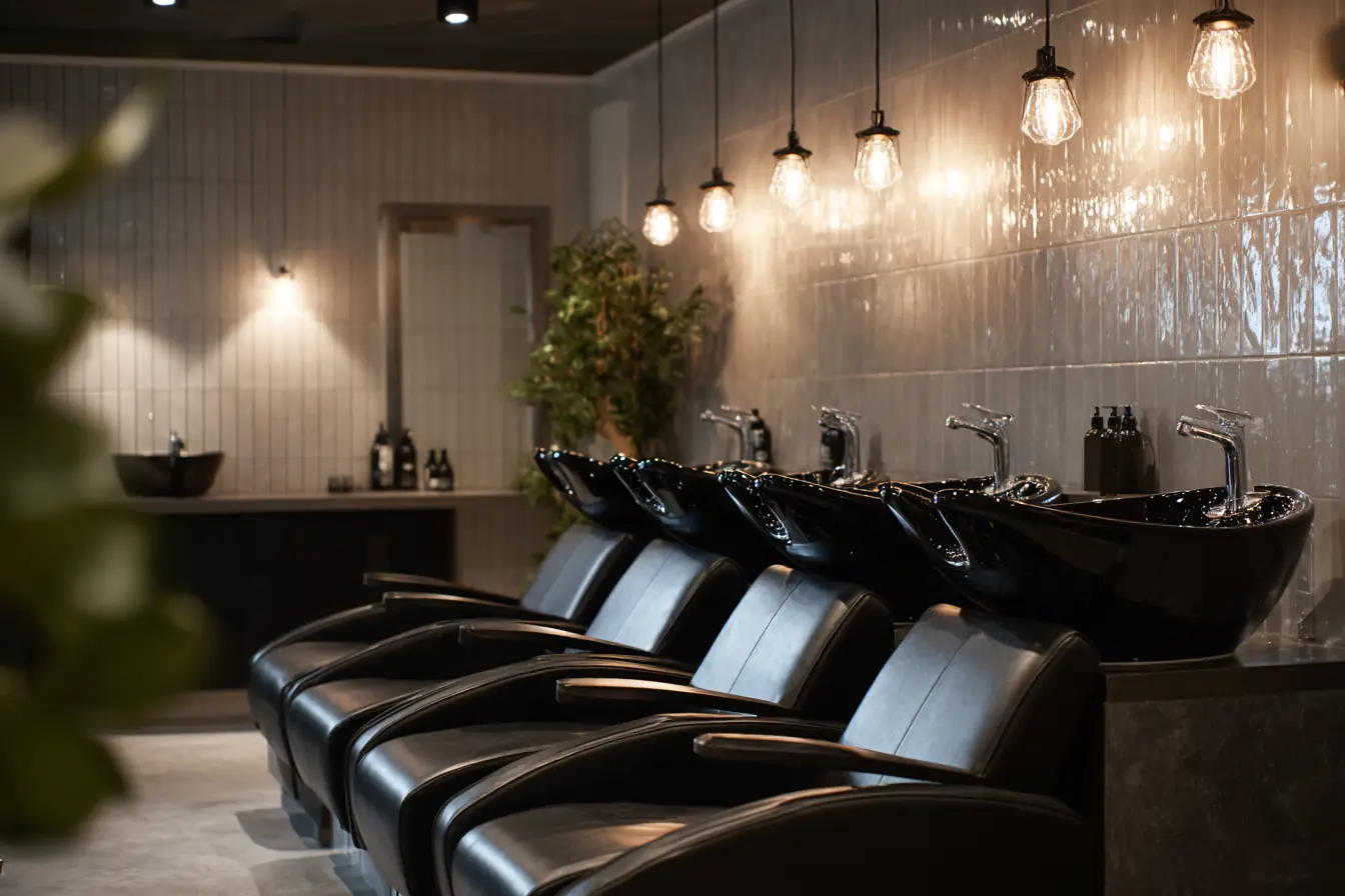 A row of black shampoo bowls with reclining chairs under warm pendant lights