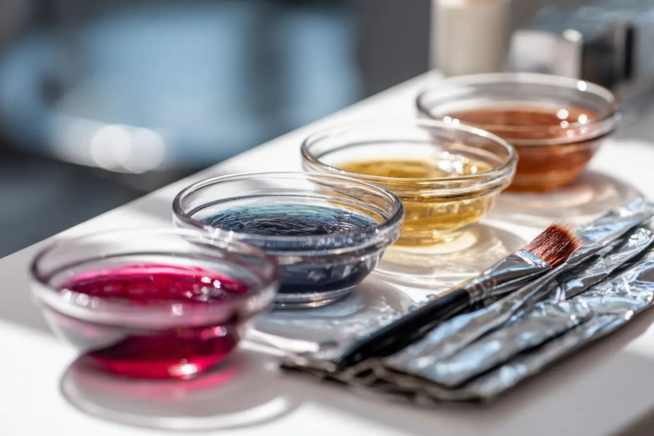 Glass bowls of hair color, brushes and foil sheets laid out on a white color bar