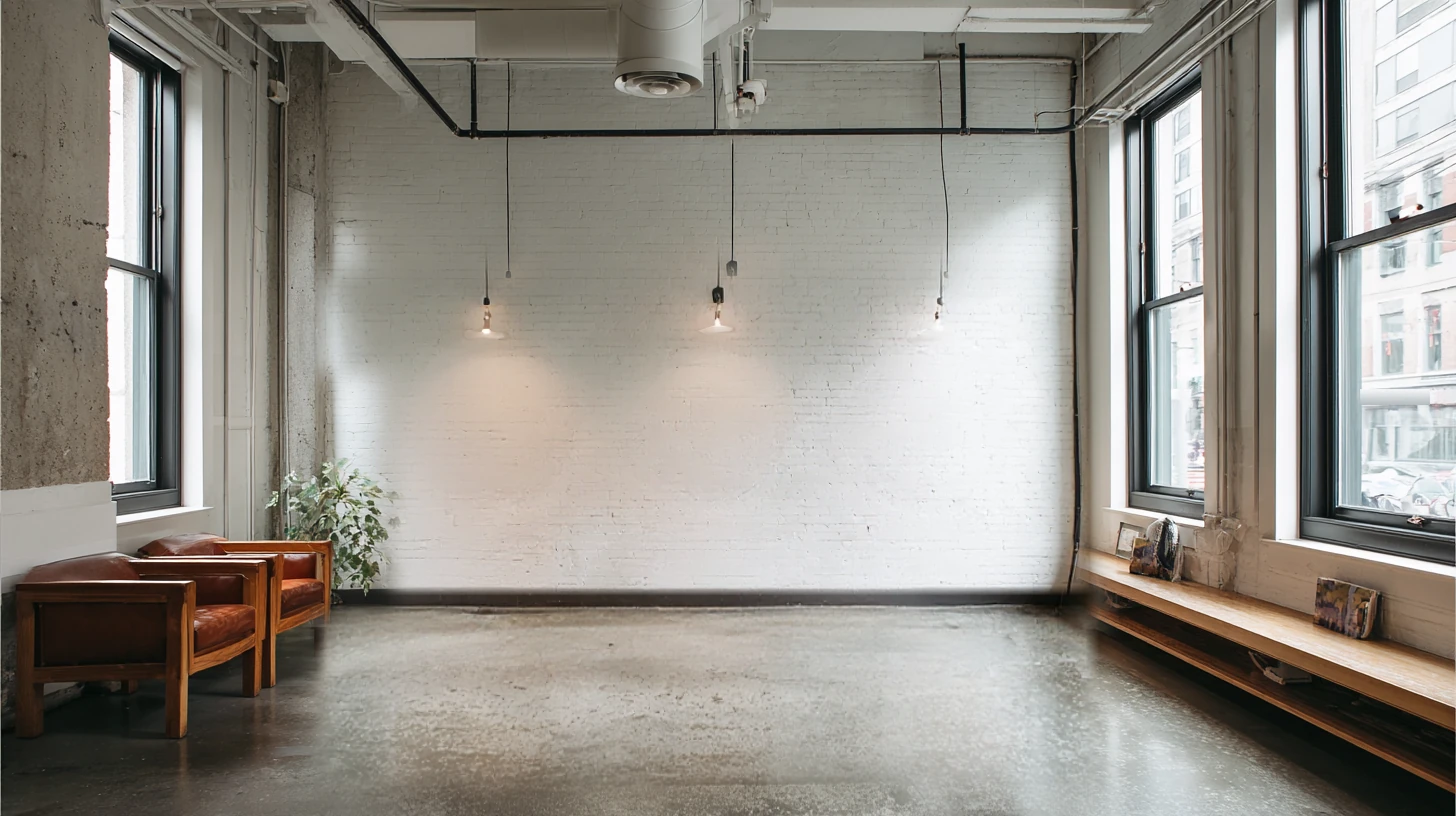 A salon seen straight-on before the styling stations go in, a bare white brick wall between tall windows, two armchairs on the left and a bench on the right