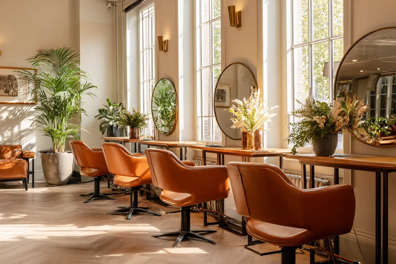 A bright hair salon in soft morning light, a row of styling chairs and round mirrors, plants by tall windows