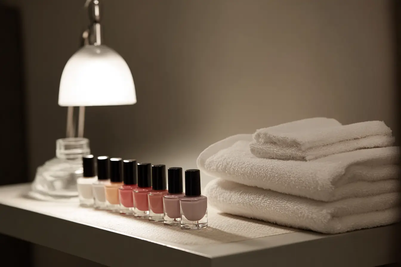 A tidy manicure station with a soft lamp, polish bottles in neat rows and a folded towel