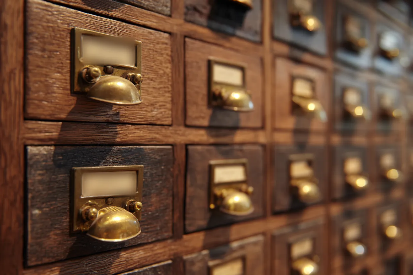 A wall of small wooden drawers with brass pulls and blank label holders