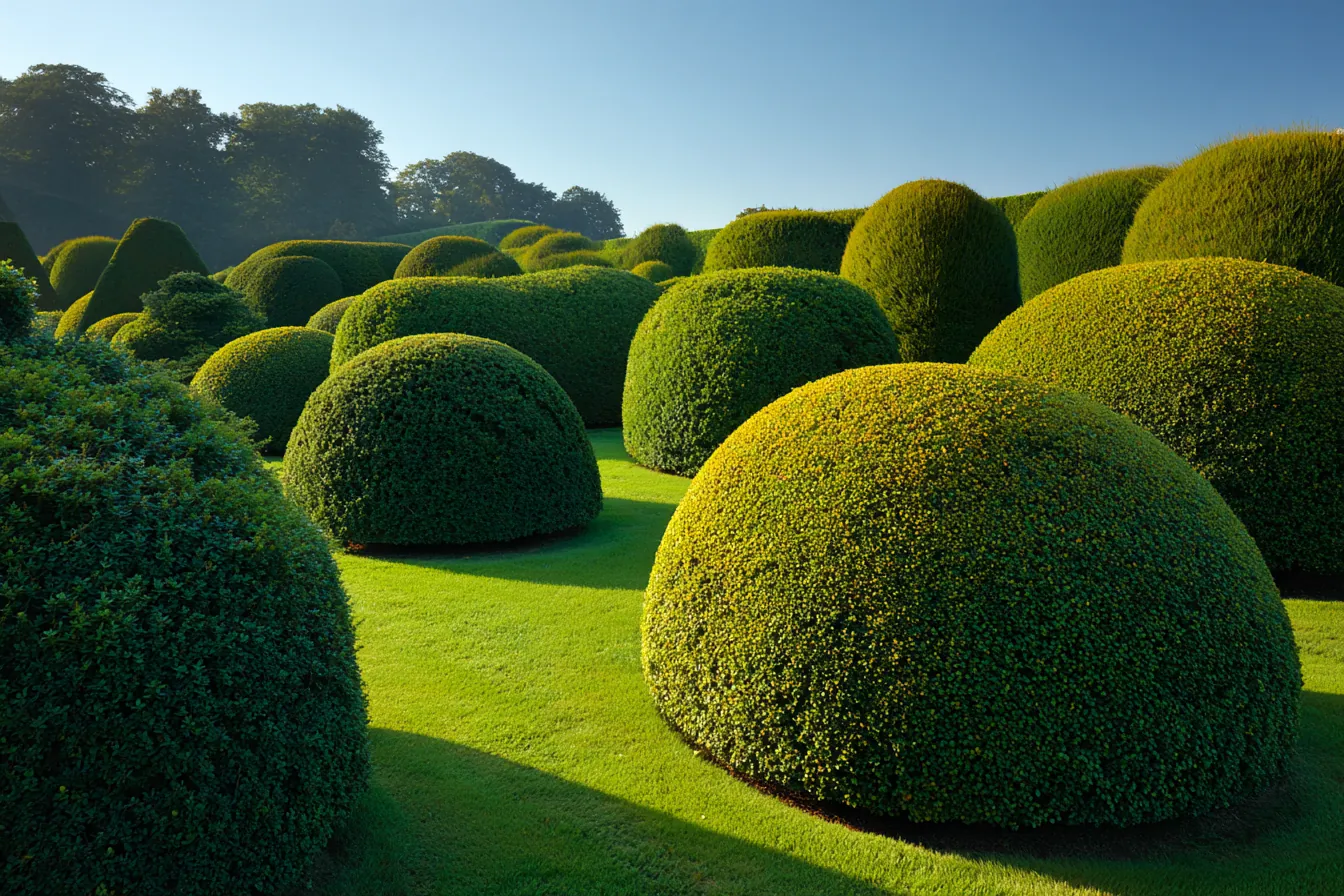 Rounded, freshly clipped topiary shrubs on a lawn in low morning light