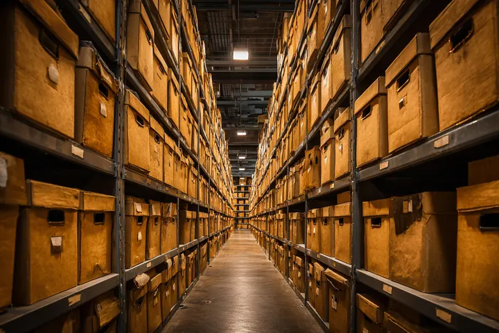 A long archive aisle of cardboard storage boxes on steel shelves, one-point perspective