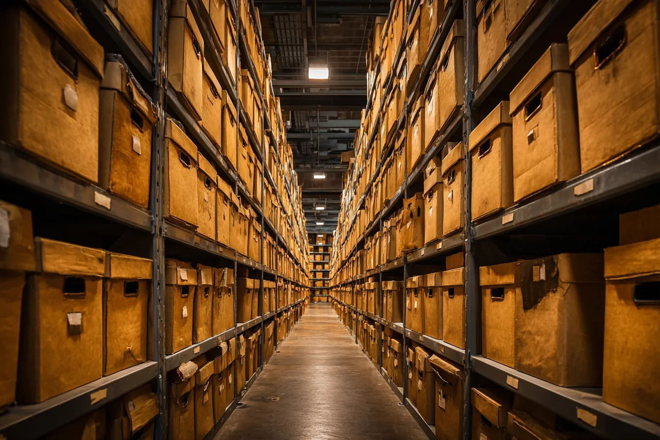A long archive aisle of cardboard storage boxes on steel shelves, one-point perspective