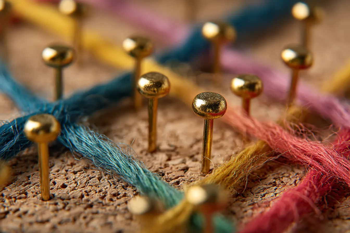 Colored threads strung between brass pins on a cork board, close up