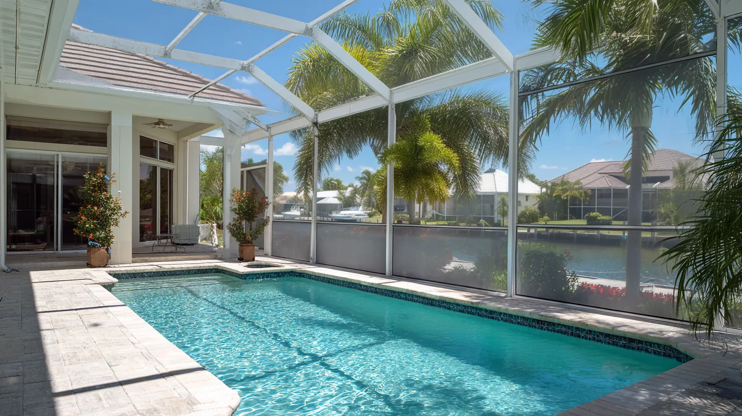 A pool enclosure seen from the lanai after a storm, the white aluminum frame still standing with its screen panels gone