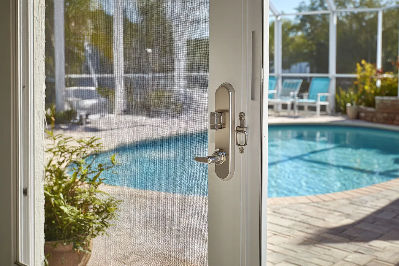 An open screen door in a white aluminum pool enclosure, the pool and patio chairs beyond