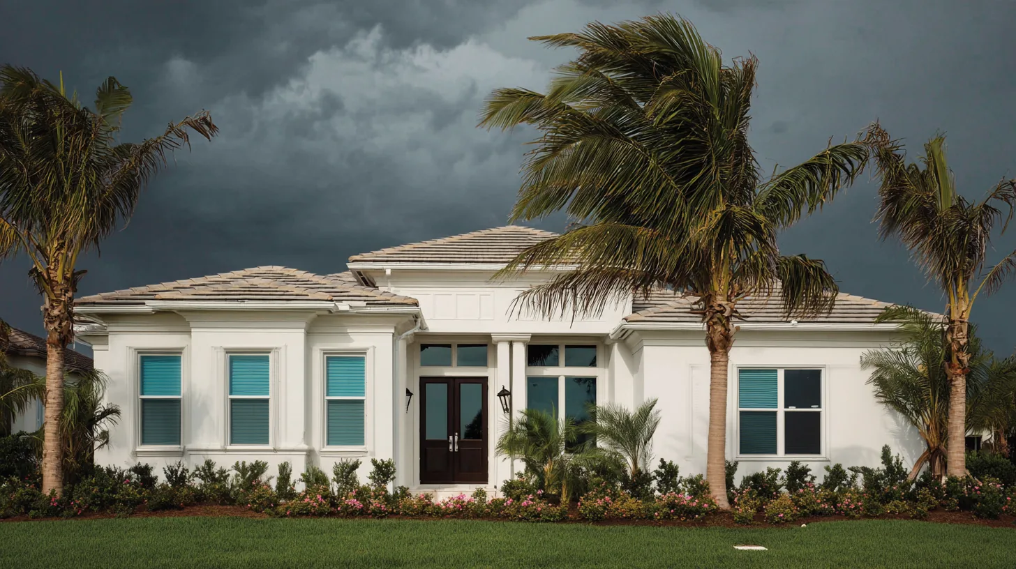 Front of a single-story white stucco Southwest Florida home under a dark storm sky, its windows still open and unshuttered