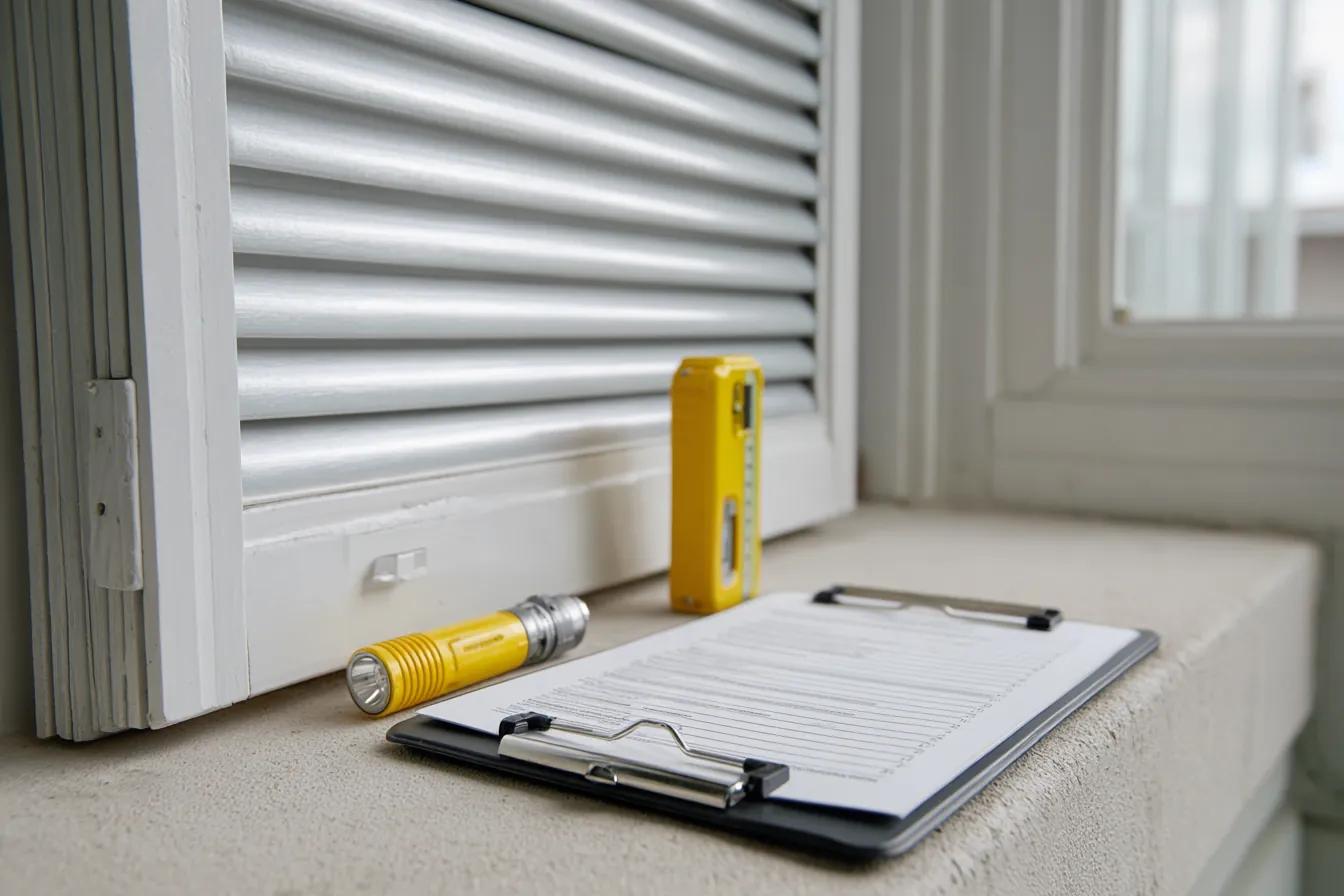 A clipboard, a tape measure and a flashlight on a stucco windowsill beside a closed white shutter