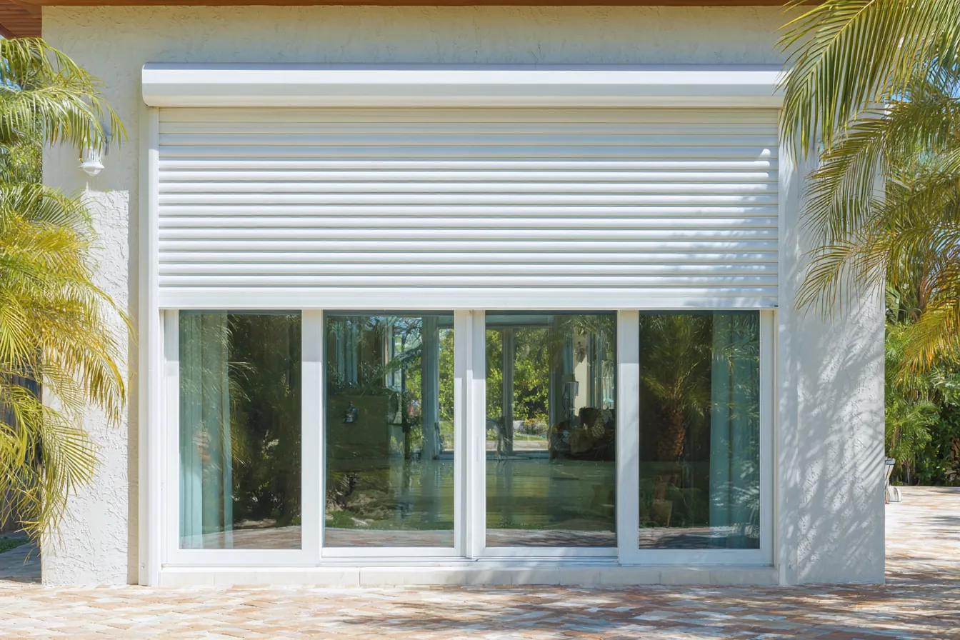 A white roll-down hurricane shutter partly lowered over a sliding glass door on a Florida home
