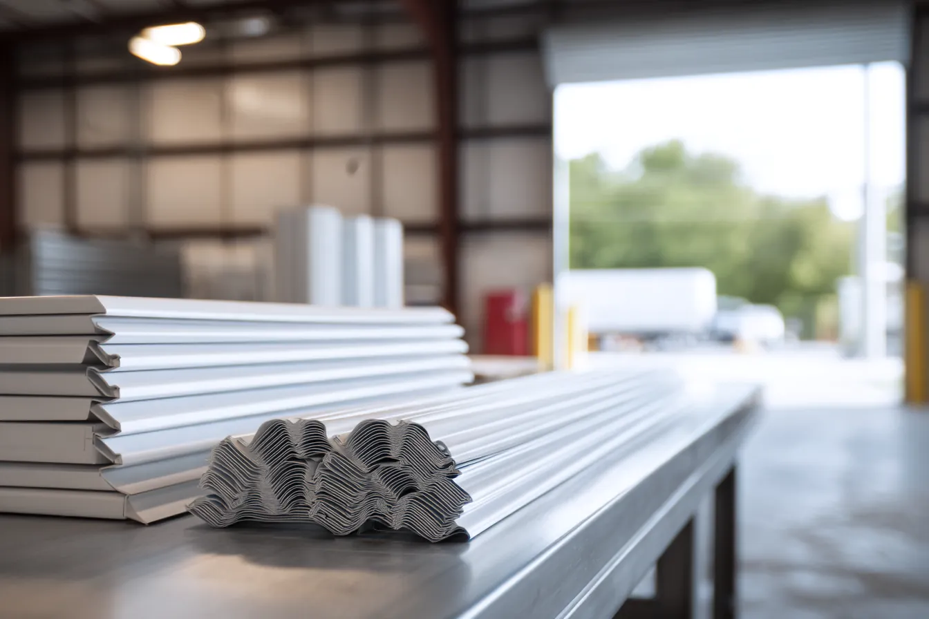 Aluminum hurricane shutter panels and roll-down slats stacked on a workshop bench, a bay door open behind
